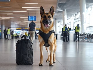 A happy dog stands in an airport, ready for a new adventure with its backpack.