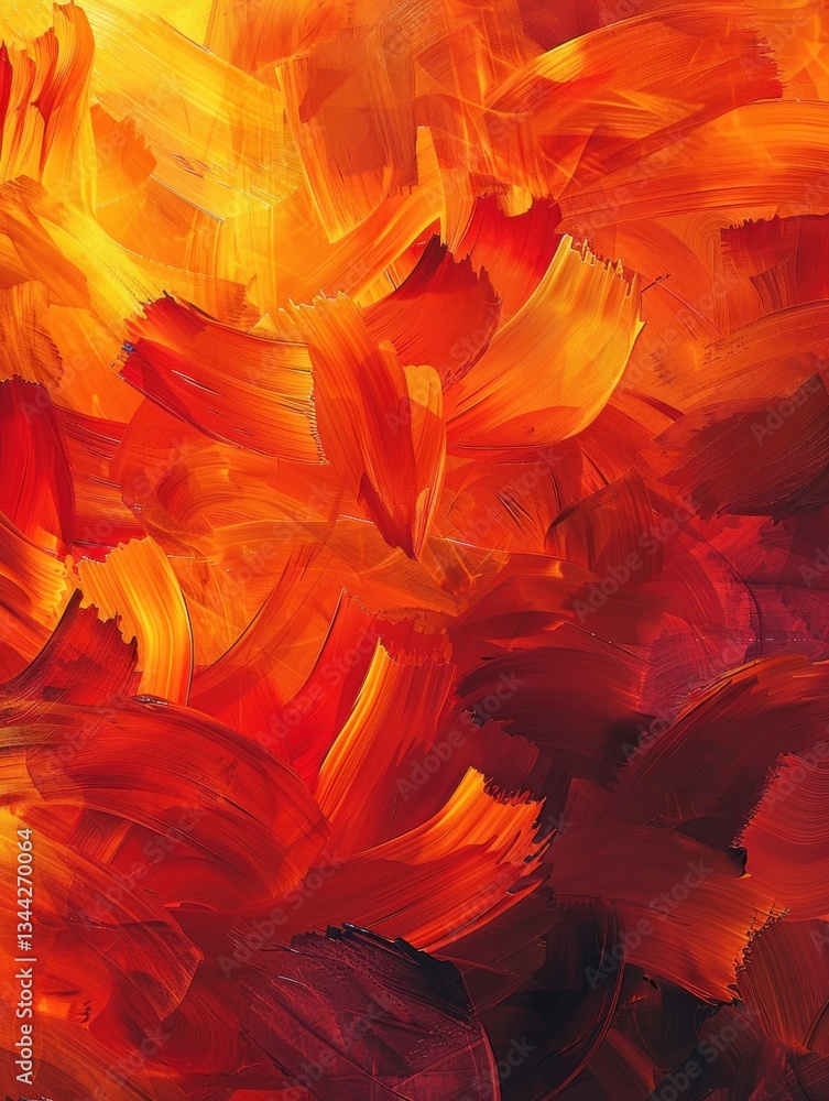 Poster overlapping strokes in reds and oranges convey a lively ambiance, bringing warmth and intensity to t
