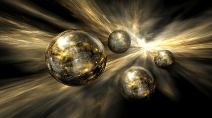 Fototapeta premium Golden spheres traveling through space nebula