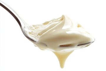 Creamy, melting vanilla ice cream on a spoon, dripping deliciousness.