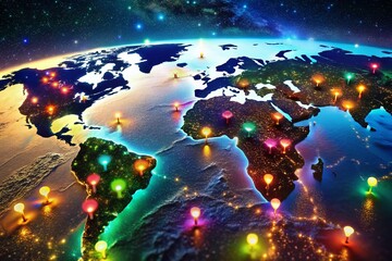 Fototapeta premium Night World Map with Colorful Pins - Travel Destinations Photography