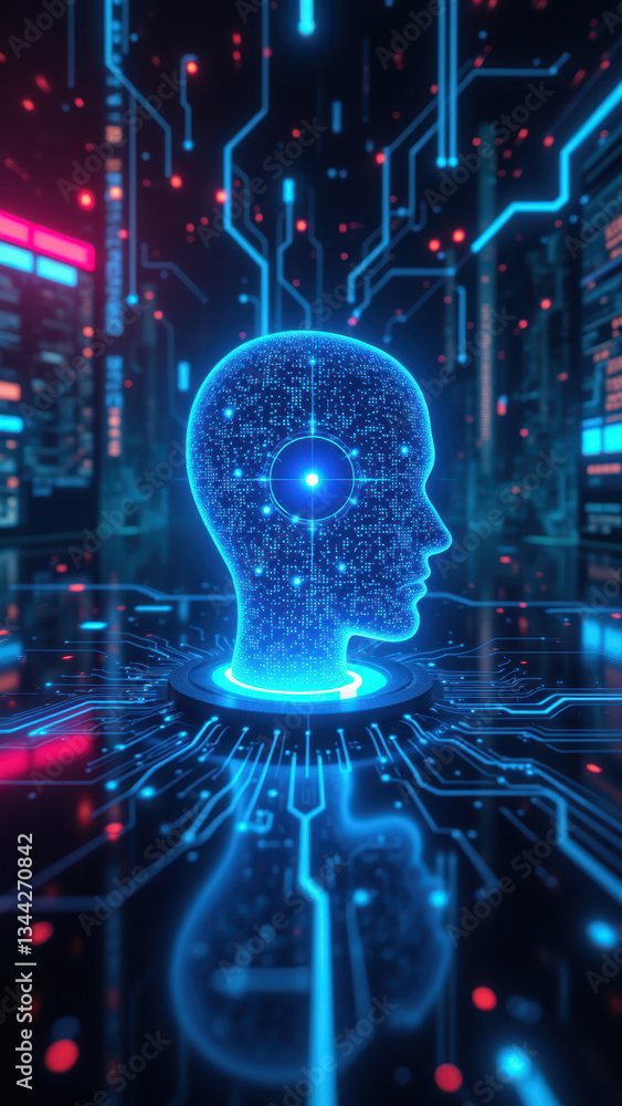 Poster advanced cyber security system with human-like ai head amidst digital connectivity and virtual envir
