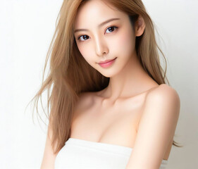 白いチューブトップの美女