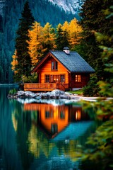 Fototapeta premium A dreamlike eco-cabin on a remote mountain lake, blending traditional wood craftsmanship with modern sustainability.