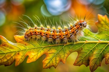 Fototapeta premium Oak Eggar Caterpillar on Derbyshire Oak Leaf - Macro Photography