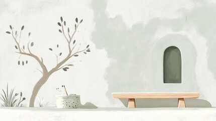 Pastel Wall with Tree and Bench