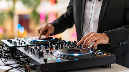Fototapeta premium DJ Music Playlist Concept, Professional DJ Mixing New Playlist in Modern Studio Setting With High-Quality Equipment and Vibrant Background