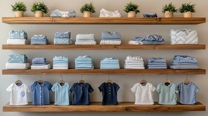 Neatly folded and hung baby clothes displayed on wooden shelves in a retail store.