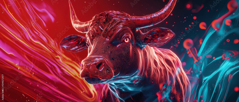 Poster striking bull with shimmering textures and vibrant colors, surrounded by dynamic abstract patterns, 