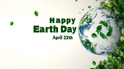 Our Planet, Our Power" with "Happy Earth Day" and "April 22nd" text on a white background. Green leaves form half a globe, symbolizing sustainability, ecology, and environmental awareness.