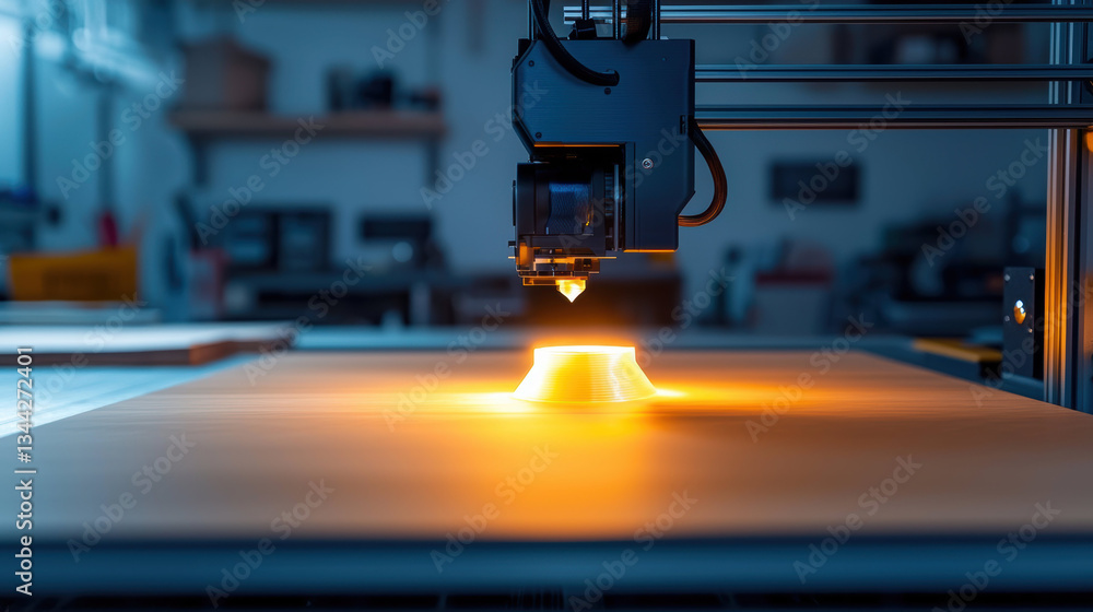 Poster 3d printer is actively creating vibrant object in workshop, showcasing innovation and technology in 
