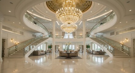 Obraz premium Opulent Grand Lobby with Elegant Chandeliers and Sweeping Staircases
