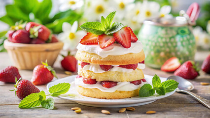 A beautiful spring dessert with layers of golden, flaky shortcake, fresh strawberries, and fluffy whipped cream. The berries are glistening, with a sprig of mint on top