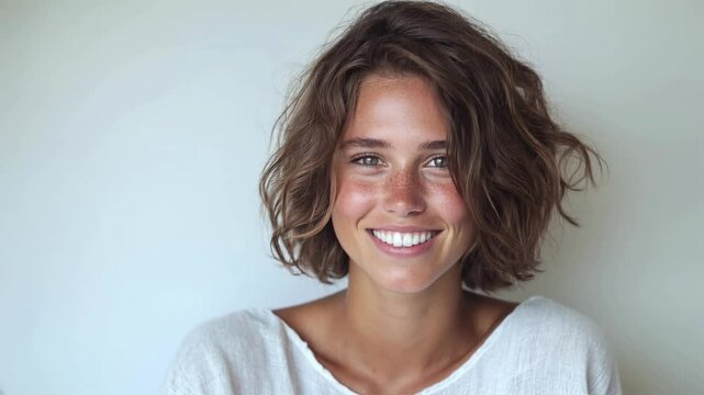 Woman with short wavy hair and bright smile against light background. Natural beauty portrait with white teeth. Dental care, skincare, haircare concept. Cosmetic services, beauty products, wellness pr