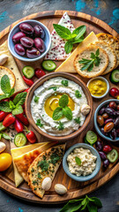 Fototapeta premium A beautifully arranged mezze platter featuring hummus, baba ganoush, tzatziki, marinated olives, feta cheese, and warm pita bread. The colors and textures of the Mediterranean ingredients