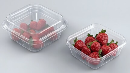 Strawberries in clear plastic container on gray backdrop