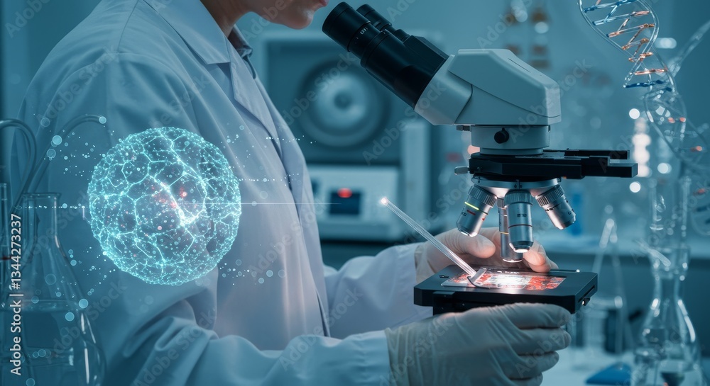 Poster scientific research and discovery - scientist using a microscope in a laboratory, examining a sample
