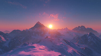 Majestic Snow-Capped Mountains Under a Full Moon with Starry Sky