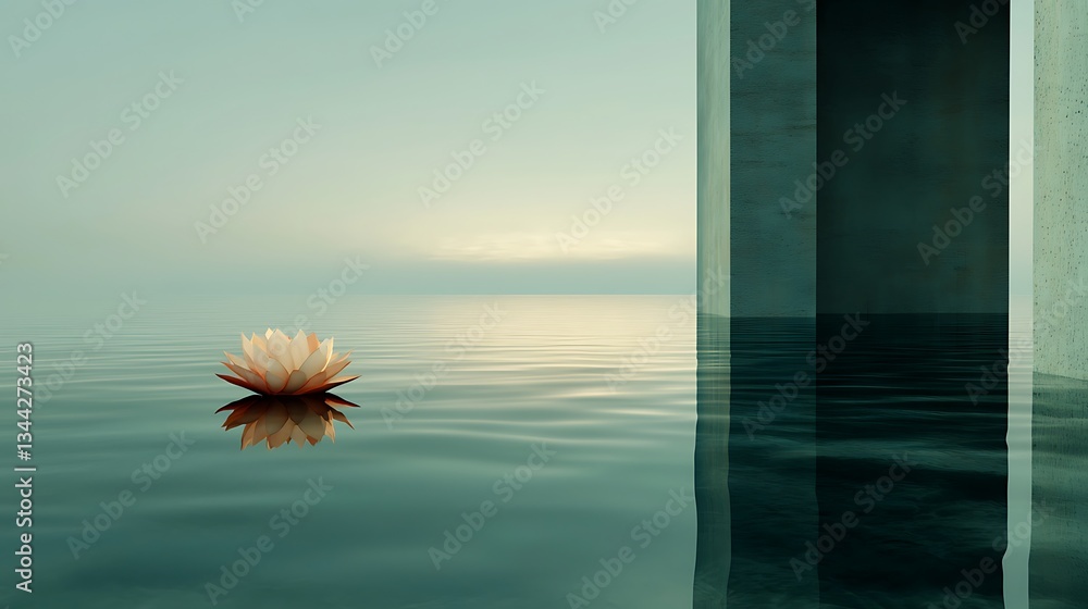 Poster serene water lily on calm surface reflecting tranquil environment with abstract structures