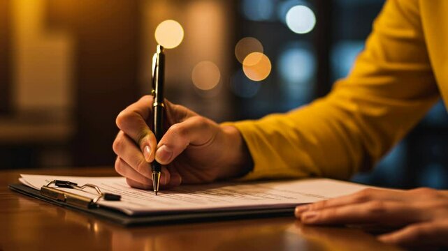 Hand signing document with pen in warm evening lighting. Close-up of writing on official papers with clipboard. Legal agreement and contract concept. Notary services, business documentation, legal con
