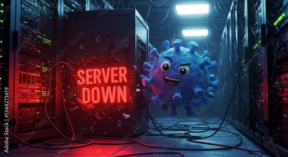 Poster server down: a virus attack - a mischievous cartoon virus causes a server crash in a data center. re