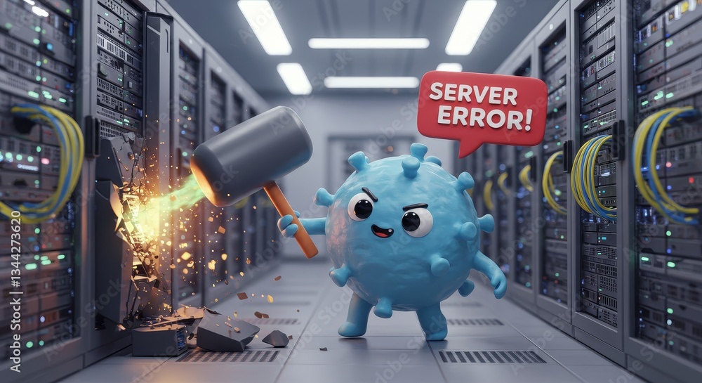 Poster server crash: virus strikes data center - a cute virus cartoon character wielding a sledgehammer sma