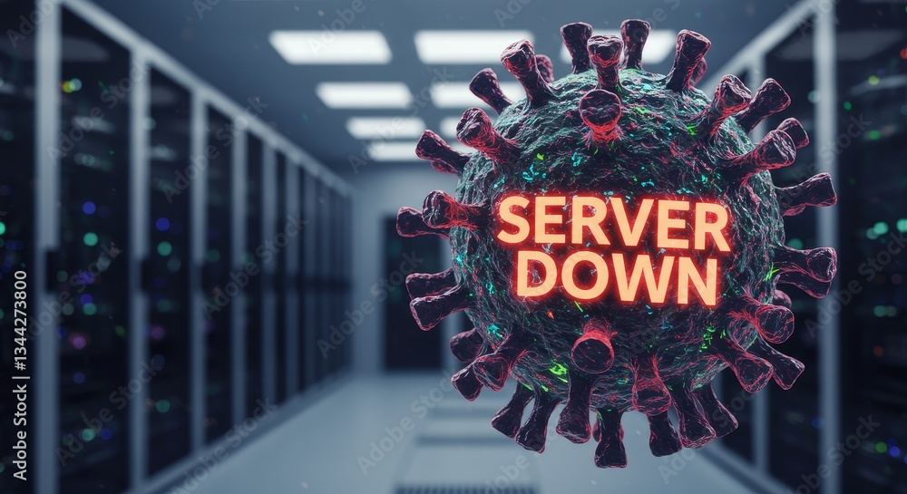 Poster server downtime virus - a virus-like symbolizes server outage in a data center. system failure conce