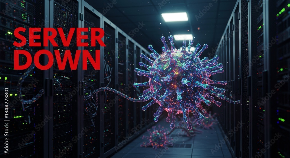 Poster server down: cyber virus attack - a virus attacks a server room causing a system failure. threat, da