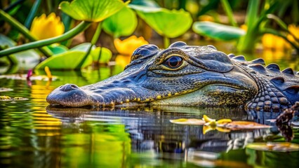 Fototapeta premium Overhead View: American Alligator & Aquatic Plants in Swamp