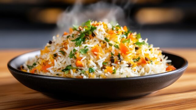 Aromatic, flavorful rice dish, steaming hot
