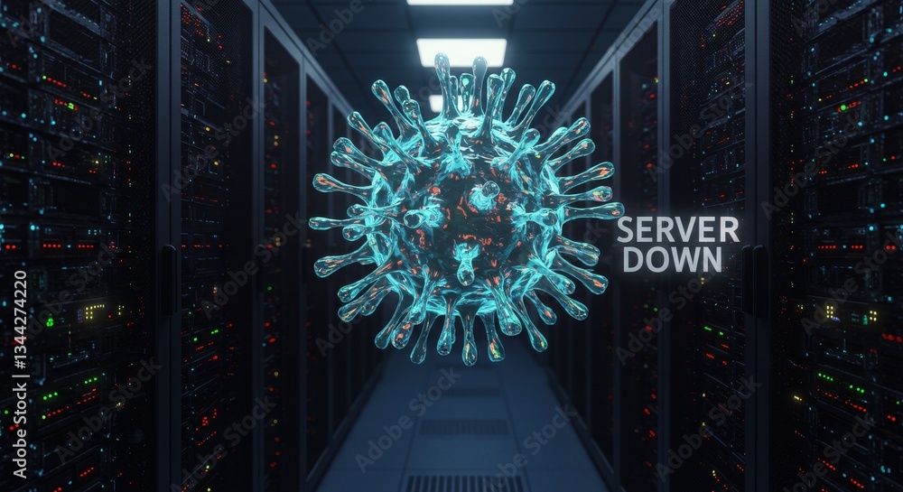 Poster server outage virus attack - a virus attacks a server room causing a system failure. data loss and d