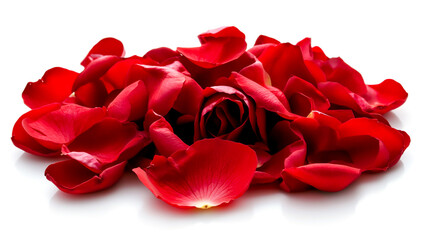 A flurry of red rose petals floating in the air against a white background