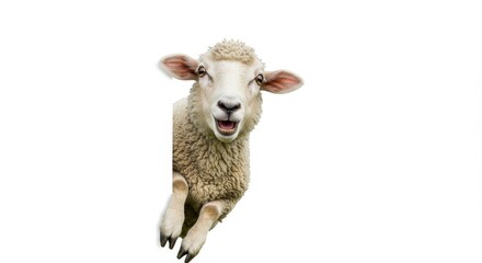 Fototapeta premium Sheep Peeking Over White Background - A cheerful sheep playfully peeks over a white background, its expression is inviting and friendly