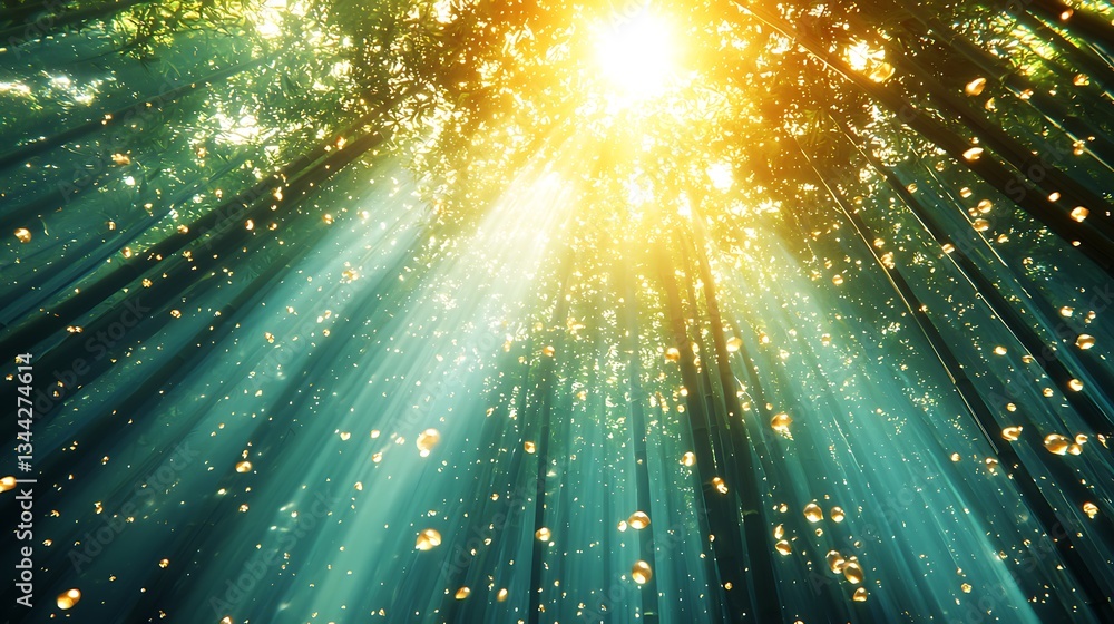 Aufkleber golden sunlight shining through forest trees creating a magical atmosphere with soft light rays