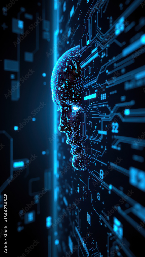 Aufkleber an illustration depicting a human face merging with binary code and technology elements, symbolizing