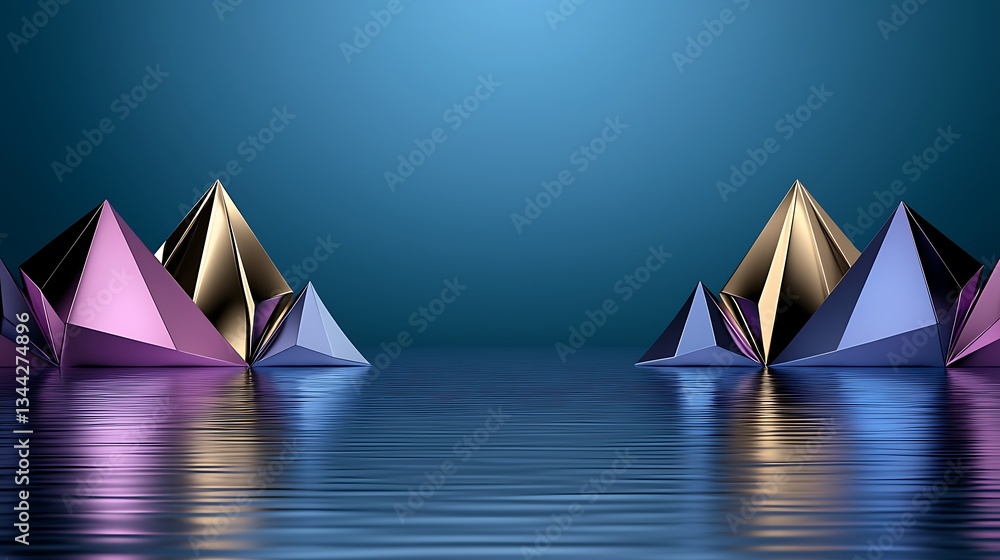 Poster geometric shapes reflecting in water under dramatic lighting with colorful triangular forms