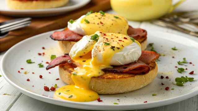 A beautifully plated eggs Benedict featuring a perfectly poached egg sitting atop Canadian bacon and a toasted English muffin, generously drizzled with rich hollandaise sauce