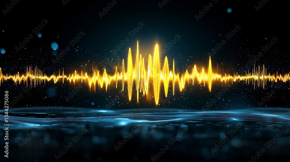 Poster vibrant sound wave visualization with bright colors and digital particle effects in dark background