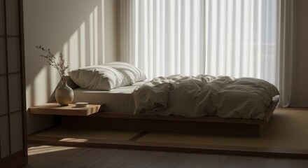Minimalist Platform Bed with Linen Bedding in a Bright Modern Bedroom