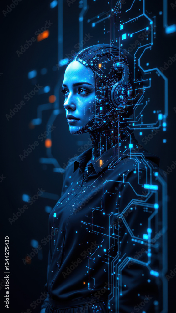 Poster futuristic female figure integrated with cybernetic elements and glowing data streams, symbolizing a