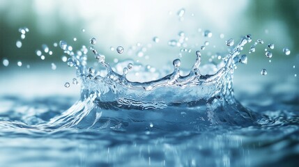 Close-up of dynamic water splash forming crown shape with clear droplets, set against blurred green background. Detailed capture of water movement and texture.