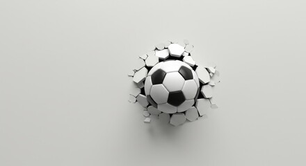 Obraz premium Soccer Ball Breaking Through Wall - A soccer ball crashes through a white wall, creating a dramatic visual. Perfect for sports themes