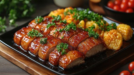 Succulent roasted duck served on a wooden platter with vibrant vegetables