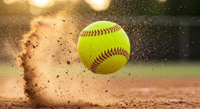 Softball Speed and Action - Close-up of a softball flying through the air, kicking up dust. Dynamic action shot perfect for sports themes