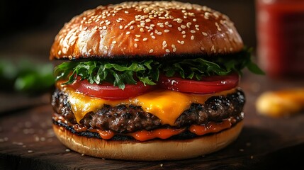 A hamburger with cheese and tomatoes on top