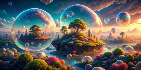 Panoramic Bubble World Fantasy Landscape: Colorful Floating Islands and Sparkling Bubbles