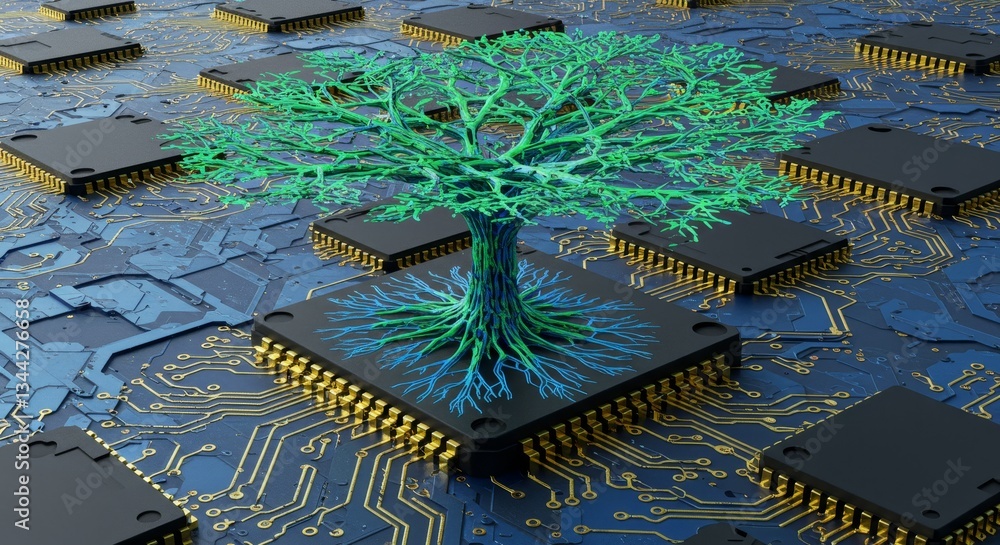 Poster technology tree growing on circuit board - a vibrant green tree with intricate roots grows from a mi