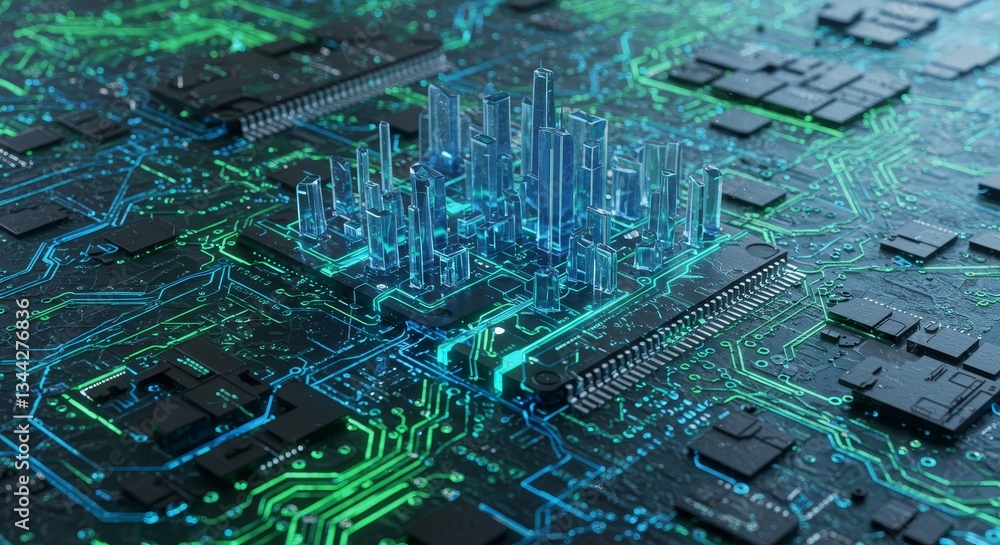 Poster smart city on a microchip - futuristic cityscape miniature nestled within a complex microchip circui