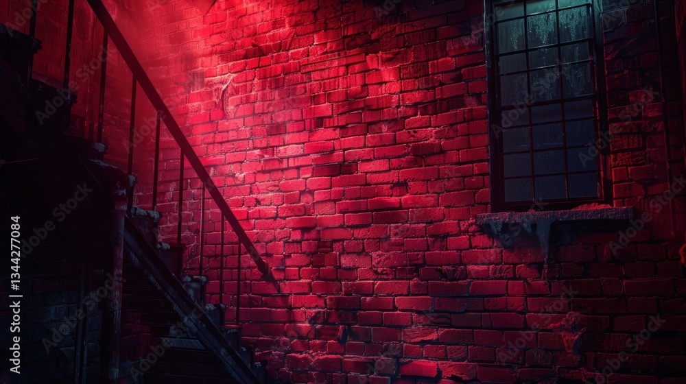 Poster dark red bricks and deep shadows create a bold, textured atmosphere in a softly lit urban setting