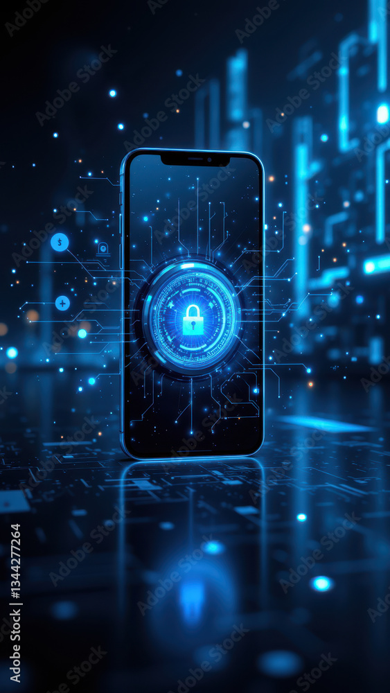 Poster a smartphone at the center of a glowing cybernetic pattern with elements related to technology and s